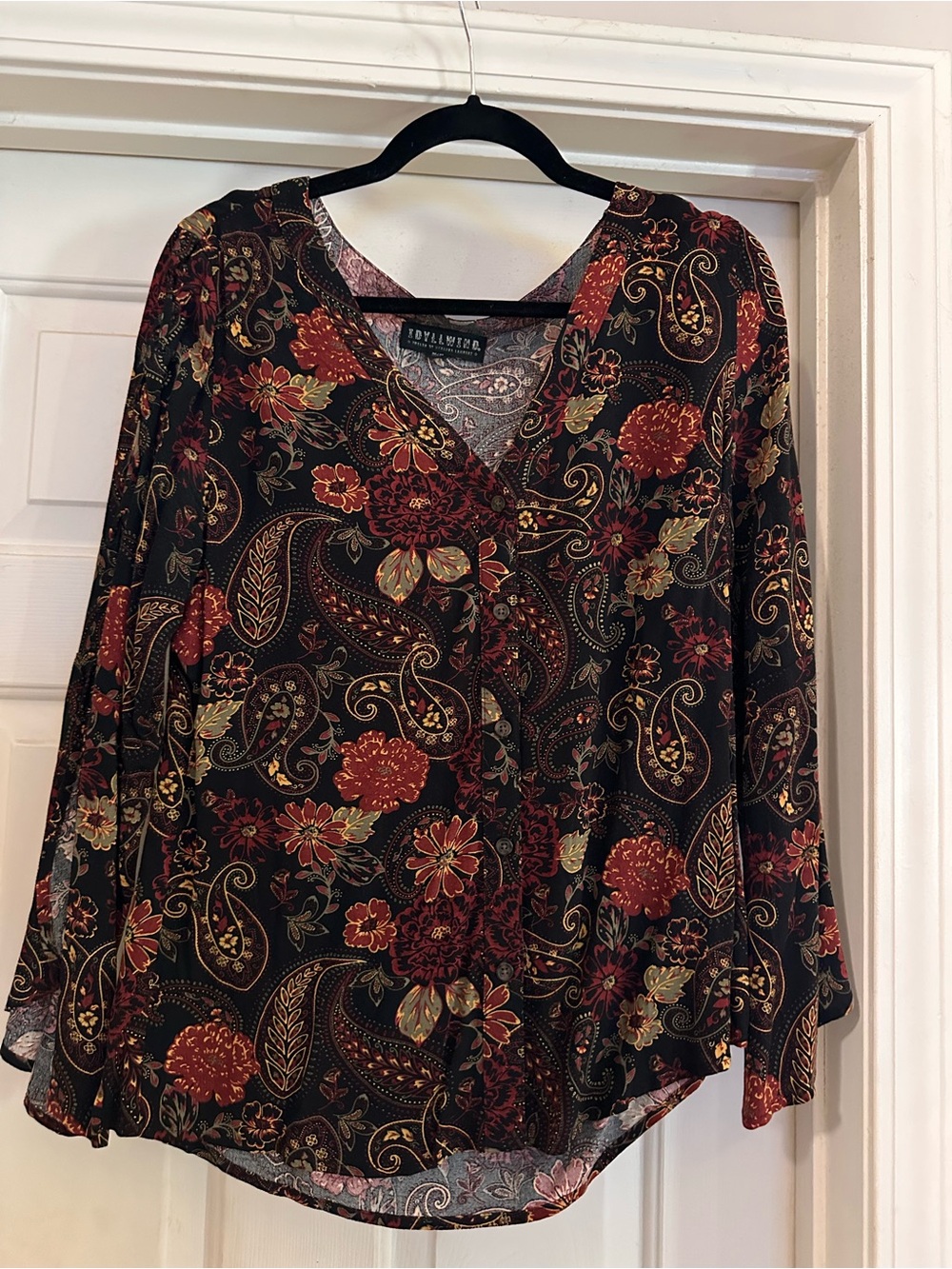 Idyllwind Black Floral Paisley V-Neck Blouse with Rust and Olive Accents